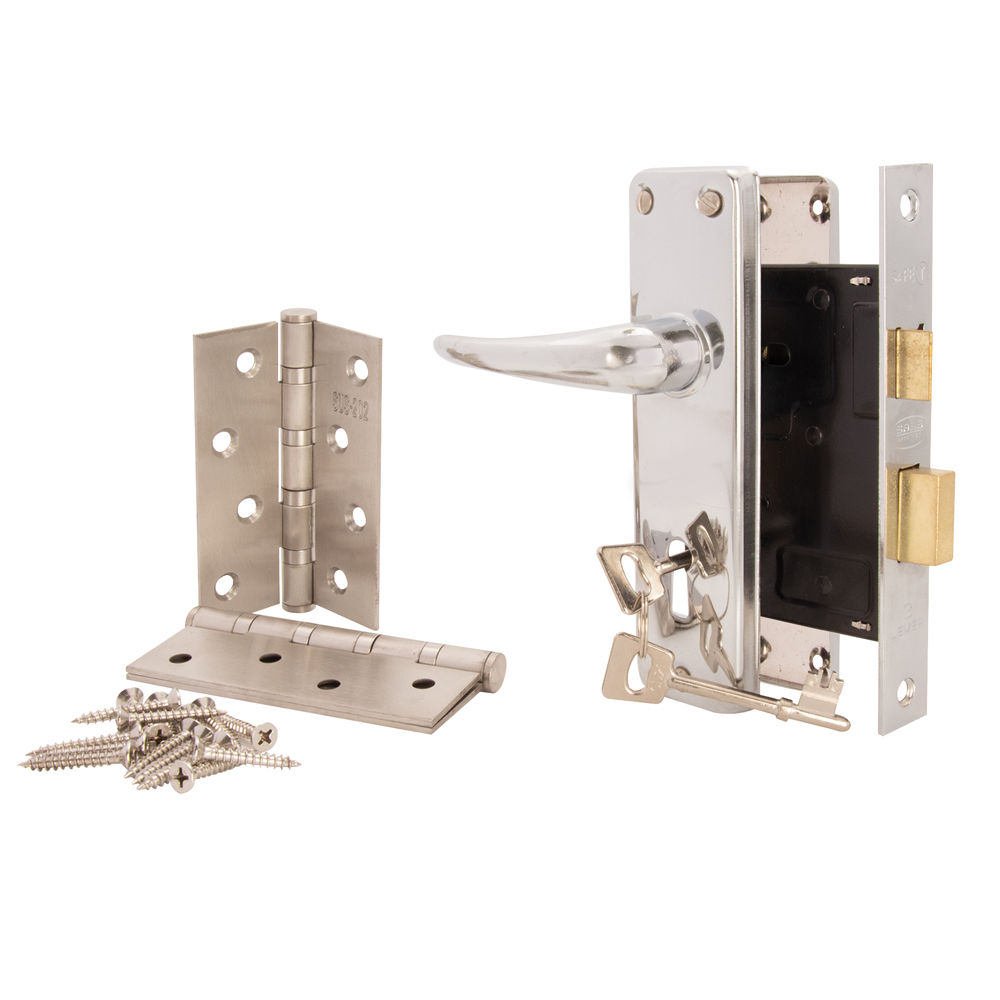 LOCKSET 6″ 3 LEVER CP & HINGE SET S/S