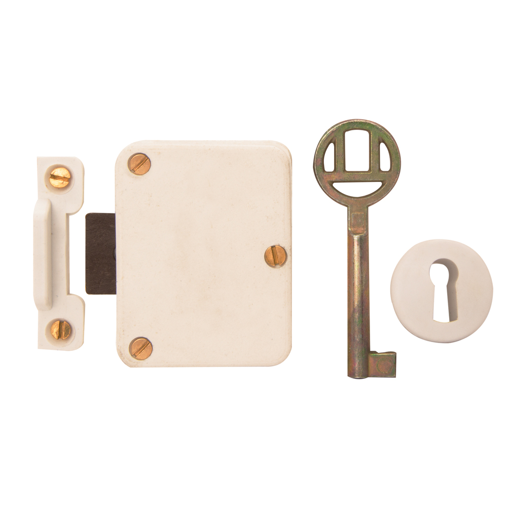 PLASTIC CUPBOARD LOCK, ESCUTCHEON & KEY WHITE