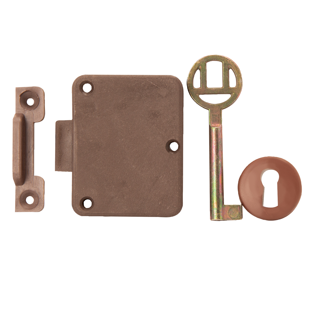 PLASTIC CUPBOARD LOCK, ESCUTCHEON & KEY BROWN