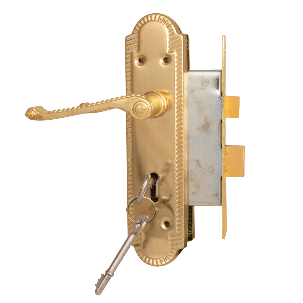 2 LEVER GEORGIAN SCROLL LOCKSET BRASS PLATED 200MM